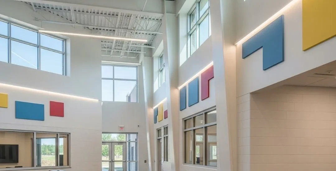 Bright modern school interior with open, colorful spaces.