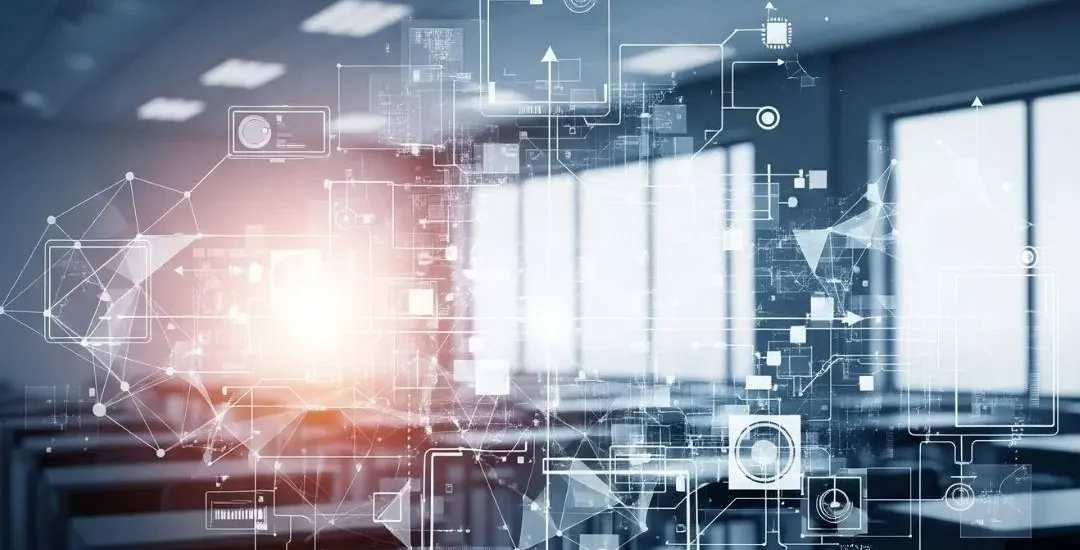 Abstract representation of digital learning in a classroom, showing technology and data elements.