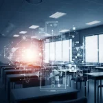 Abstract representation of digital learning in a classroom, showing technology and data elements.